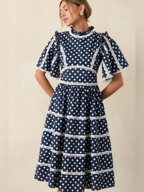 NWT PROSPERINA ANDROMEDA NAVY POLKA DOT COTTON MIDI DRESS WORK MOTHERS DAY XS